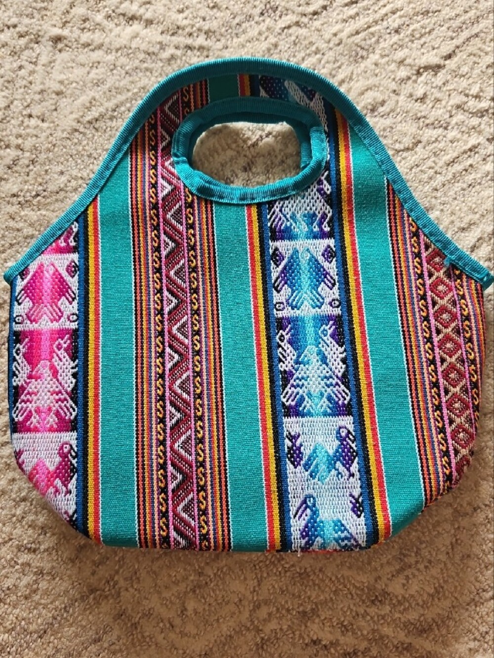 Handmade Peruvian Patterned Turquoise Boho Hippie Ethnic Tote Lunch Bag - Picture 2 of 3
